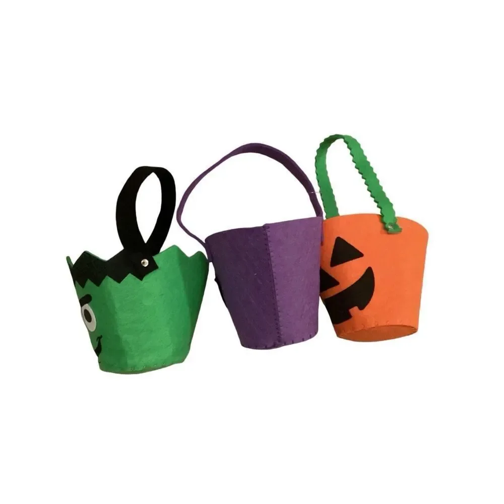 Lot Of 3 Felt Trick Or Treat Buckets Halloween Spooky Holiday Container Decor